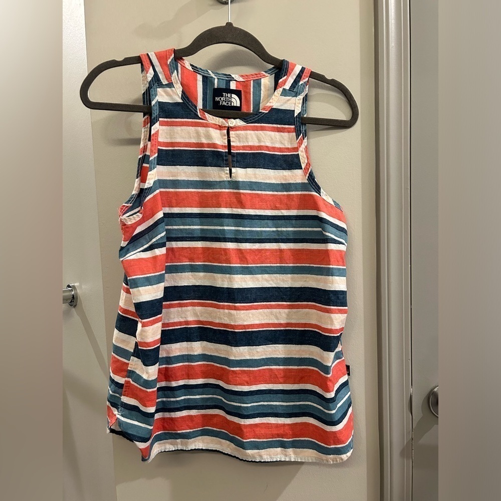 North Face Tank Top Womens Medium Stripe Keyhole 100% Cotton Blue Red White